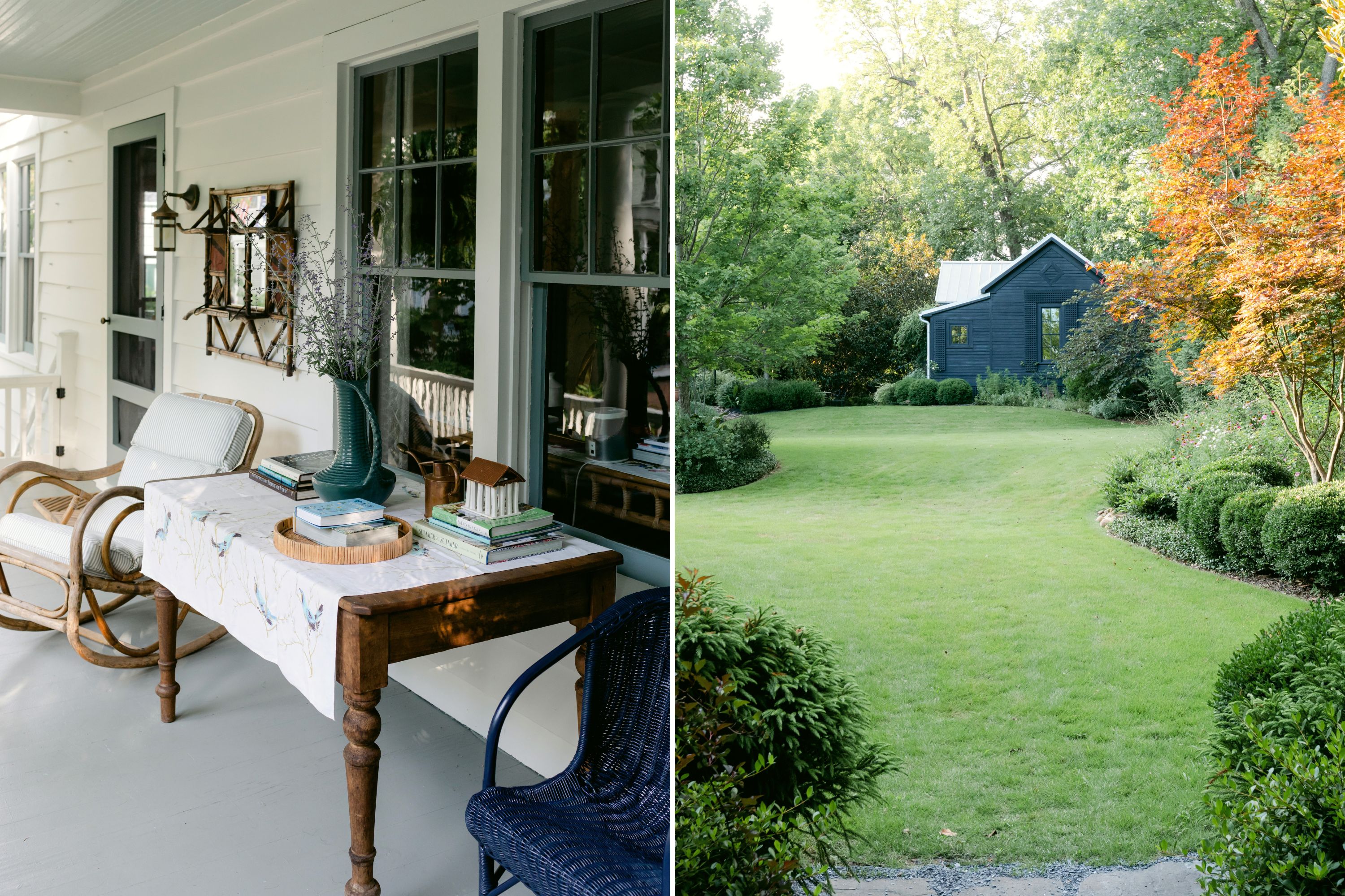 A collage of two images: A porch with seating; a lush garden with a barn-like studio.