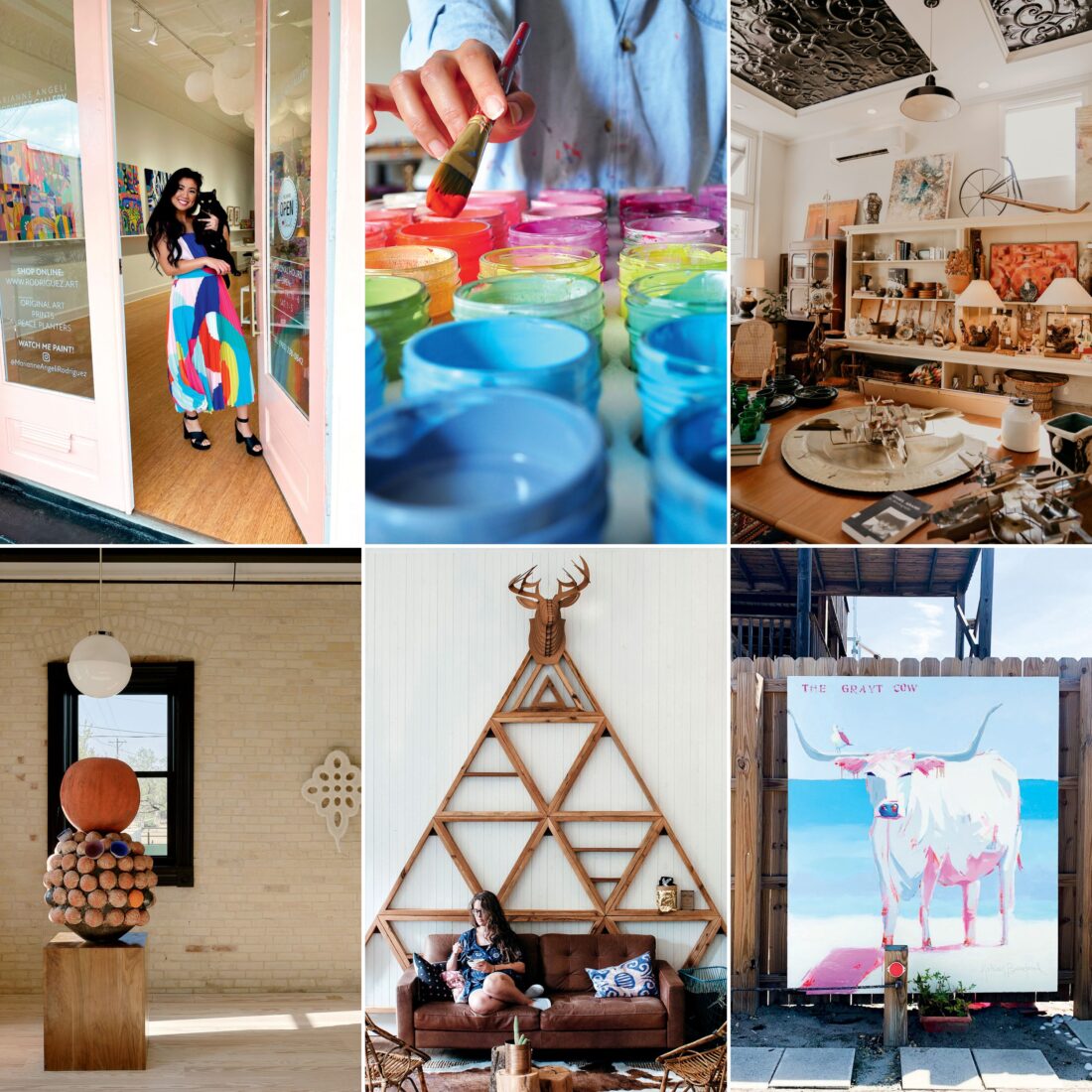 Left to right, from top: A woman stands in a doorway with a black cat and wears a colorful dress; a rainbow of paint in small glasses; vintage goods on shelves in a store; a painting of a cow outside; inside a social hall with white paneled walls and a leather couch; a sculpture with two round pieces stacked on a wood cube.