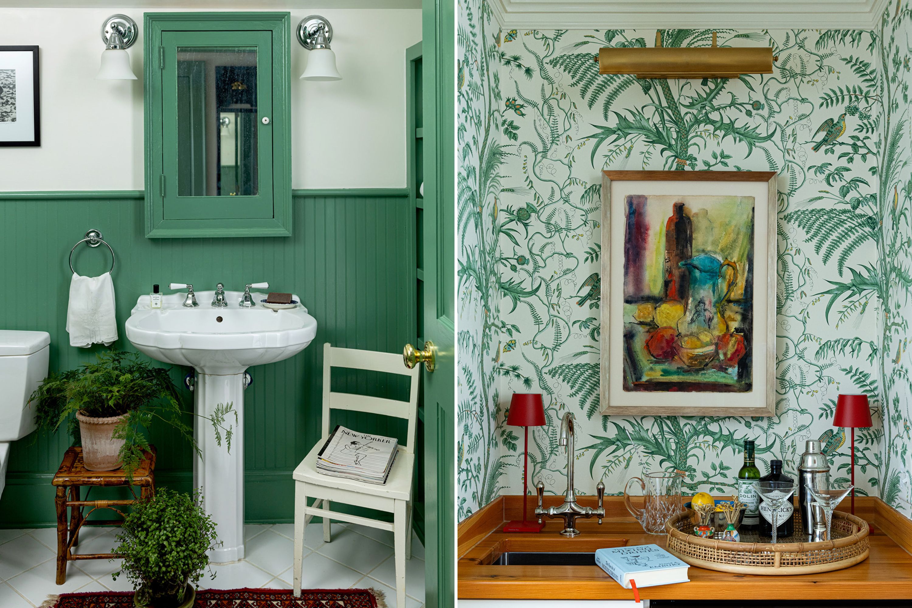 A green bathroom with chairs and a medicine cabinet; a wet bar with a wood top and floral wallpaper.