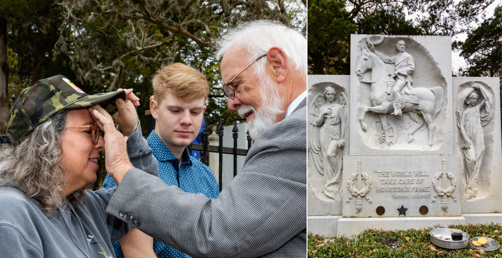 A collage of two images: A man baptizes a woman with water on his hand; a stone fountain.