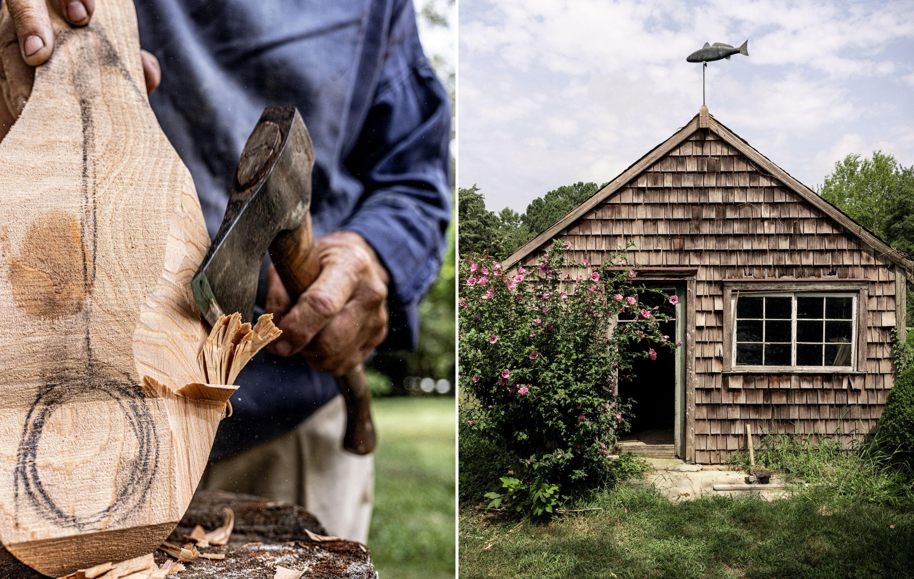 From left: Mark McNair roughs out a shape; his first home workshop; carving a shorebird with a spokeshave. 