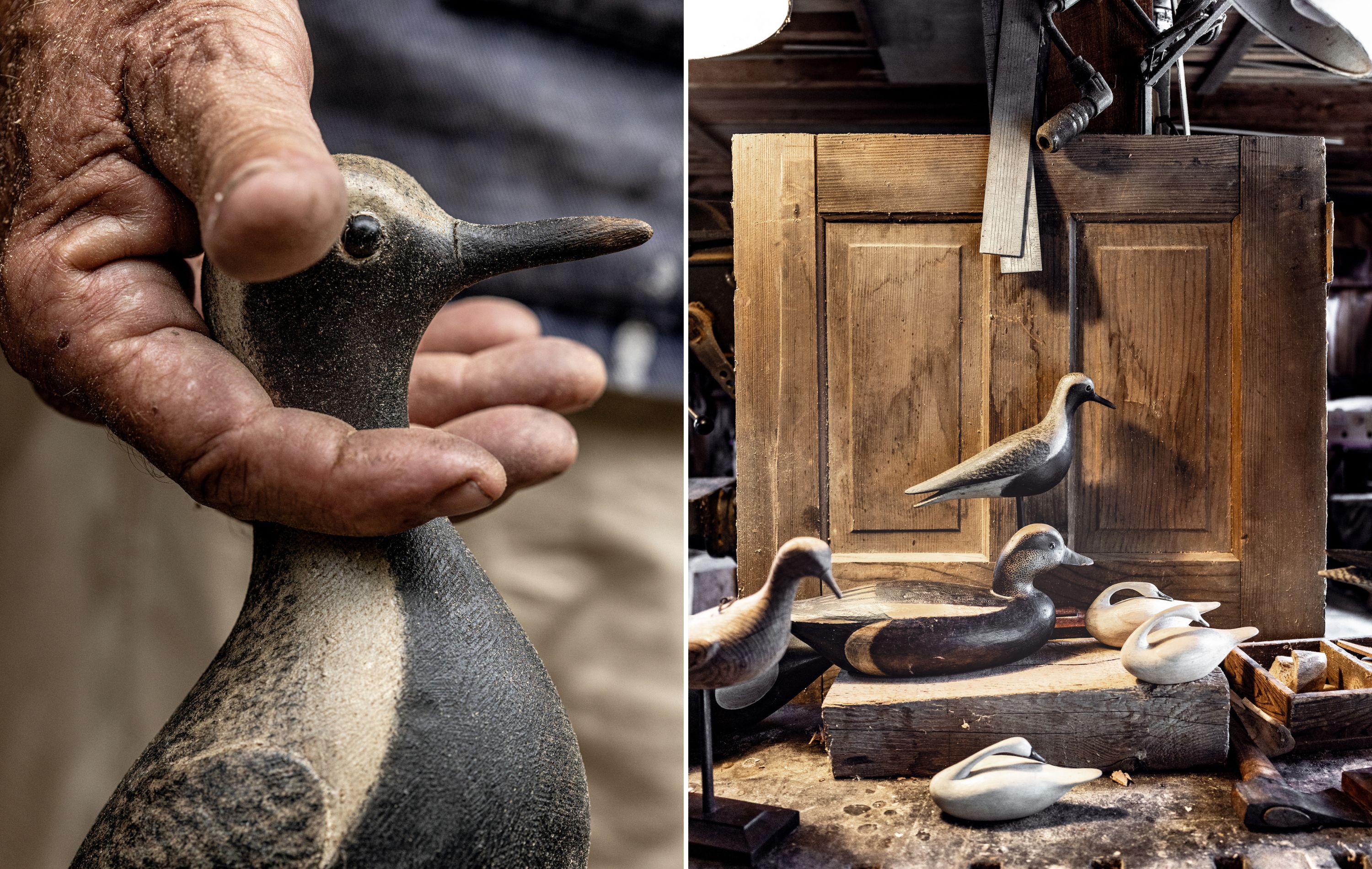 A collage of two images: A man holds a wooden duck hand; a grouping of wood birds in a workshop