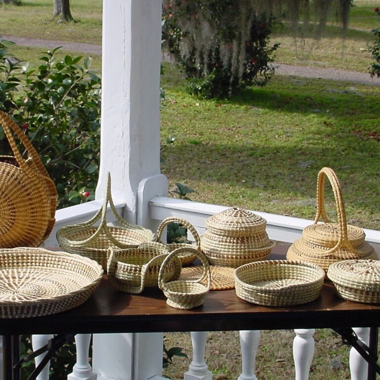 A group of woven grass baskets