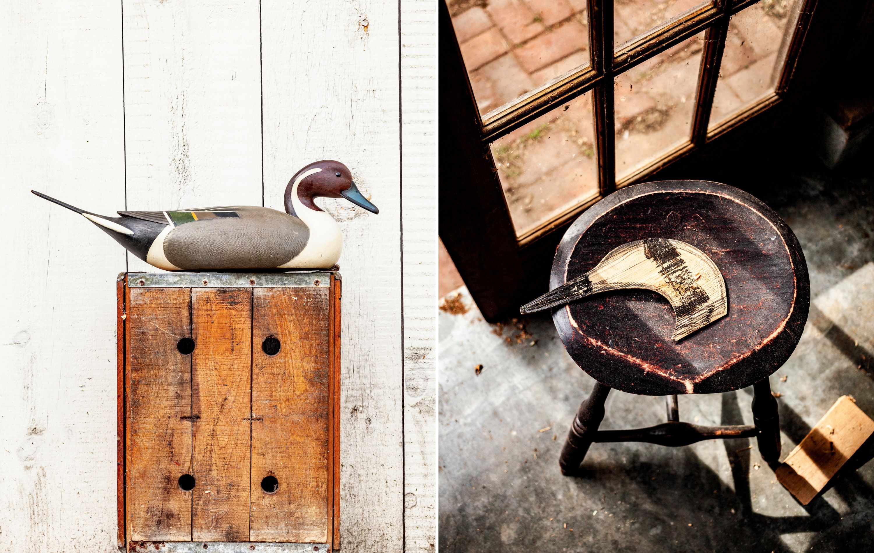 A collage of two images: a pintail decoy on a wood box; a duck head cut-out on a stool by a window.