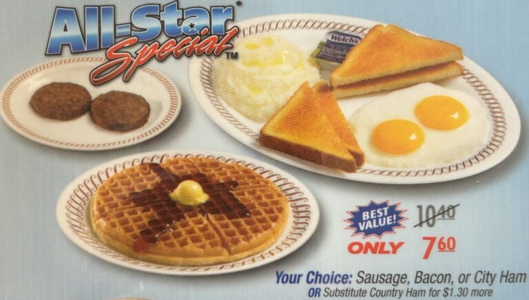 A menu with a waffle and breakfast plate