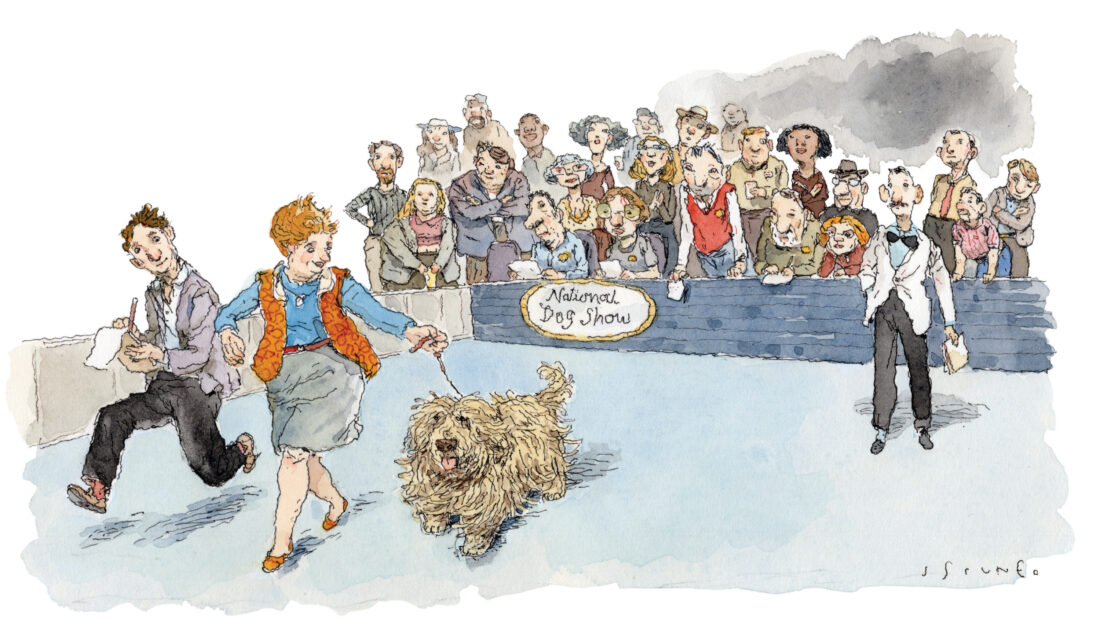 An illustration of a woman leading a dog at a dog show
