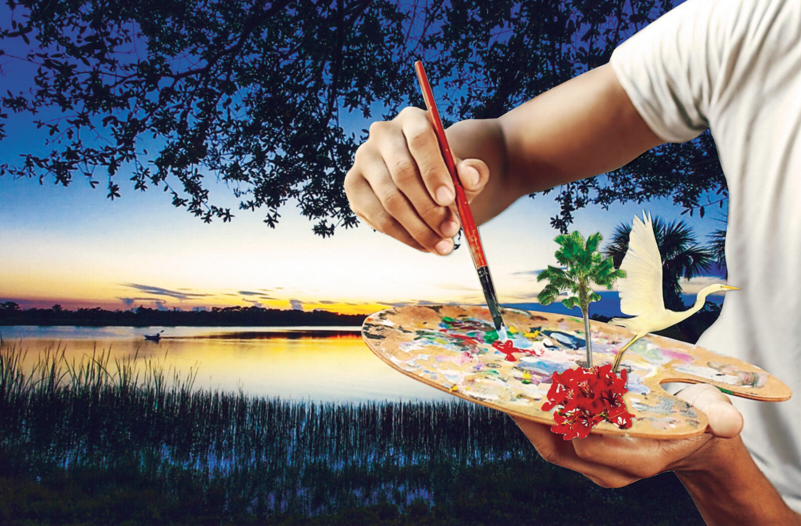 A single collage of images; a landscape of the marsh with a painter and a palette, with a bird flying off the paint.