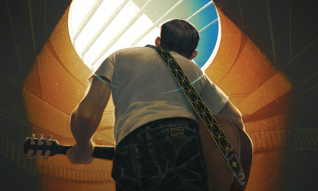 An illustration of the back of a man with a guitar looking up at a circle of light