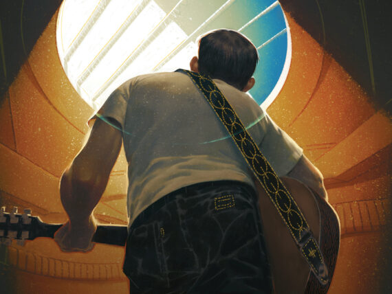 An illustration of the back of a man with a guitar looking up at a circle of light