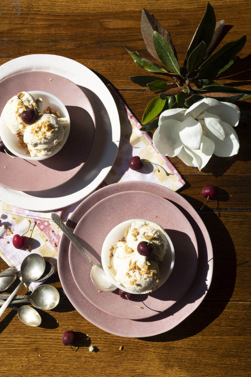 Plates of ice cream with cherries