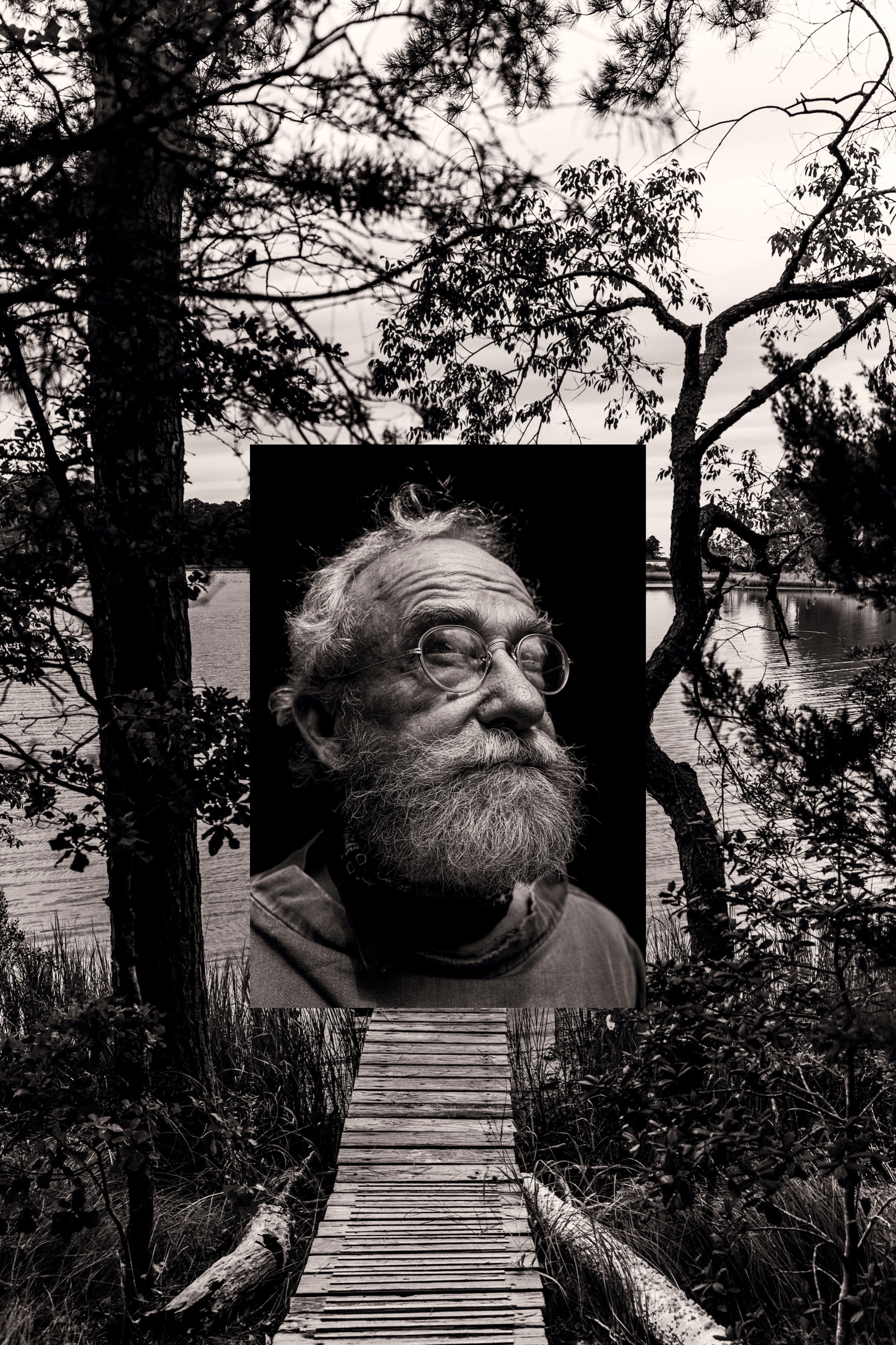 A photo of a dock with trees, with a portrait of an older man laid over the image