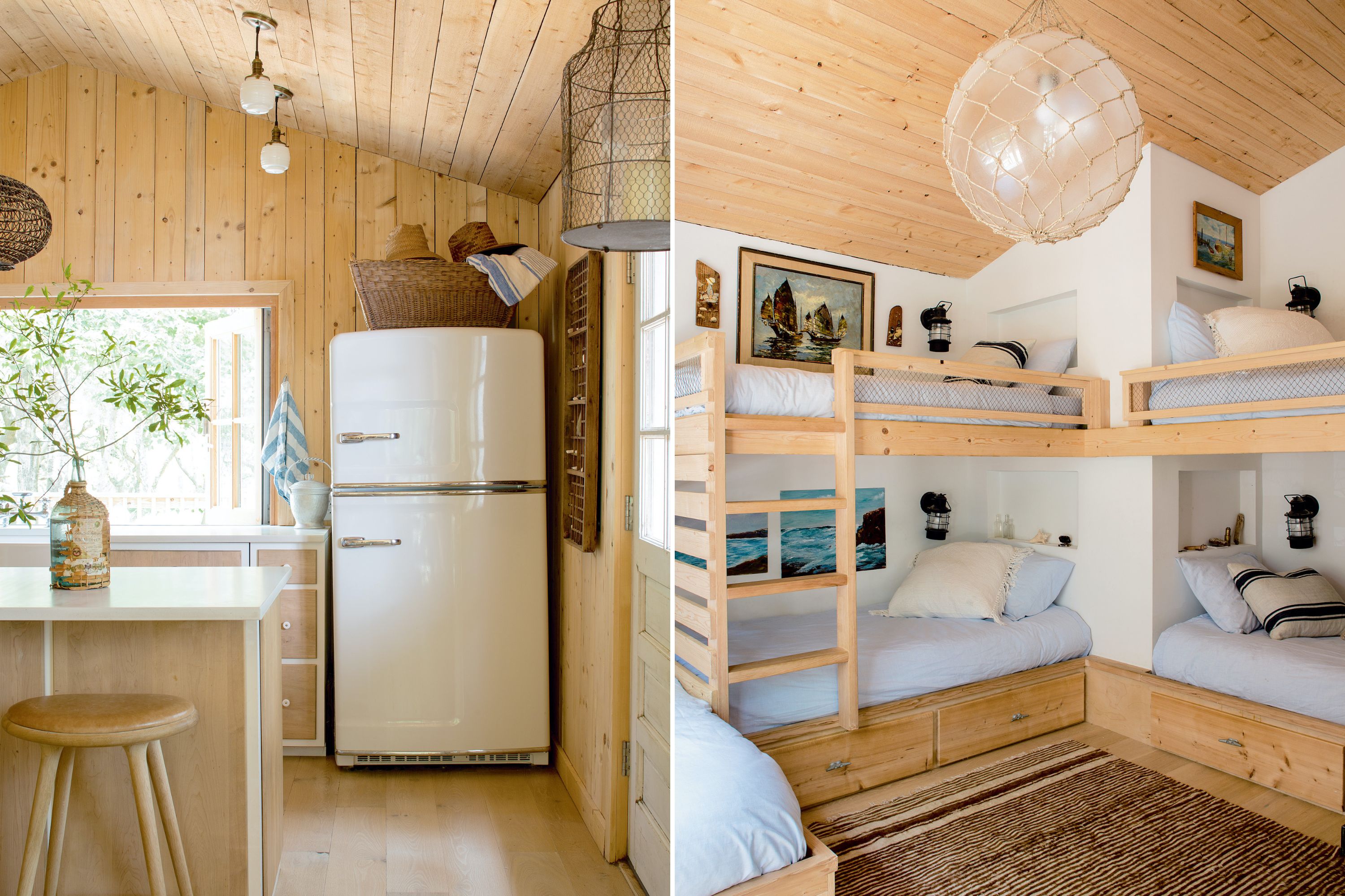 A wood kitchen with a white fridge; A bunk bedroom with a wood ceiling and bed frames
