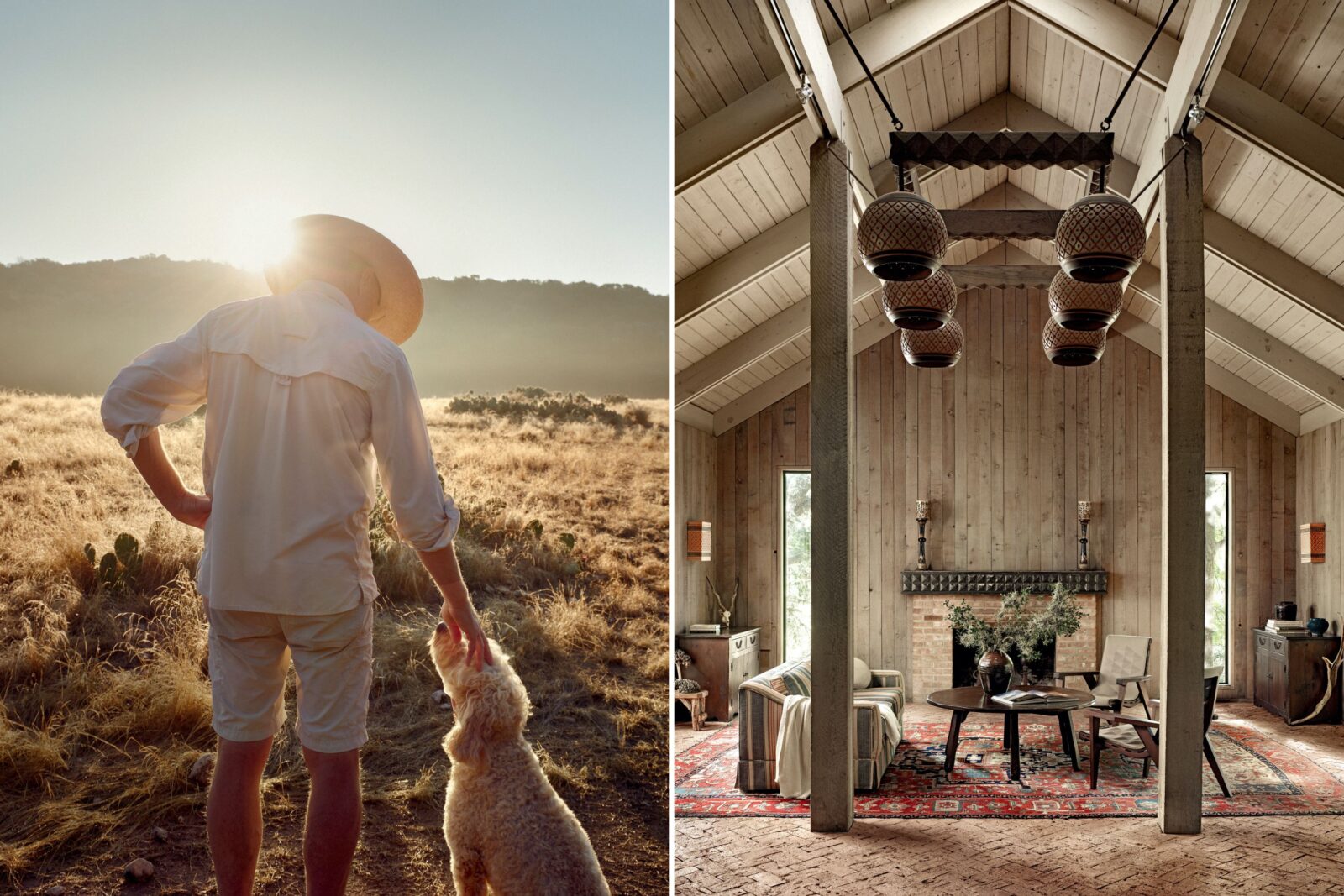 A man pets a dog; inside a living room with a wood pitched ceiling