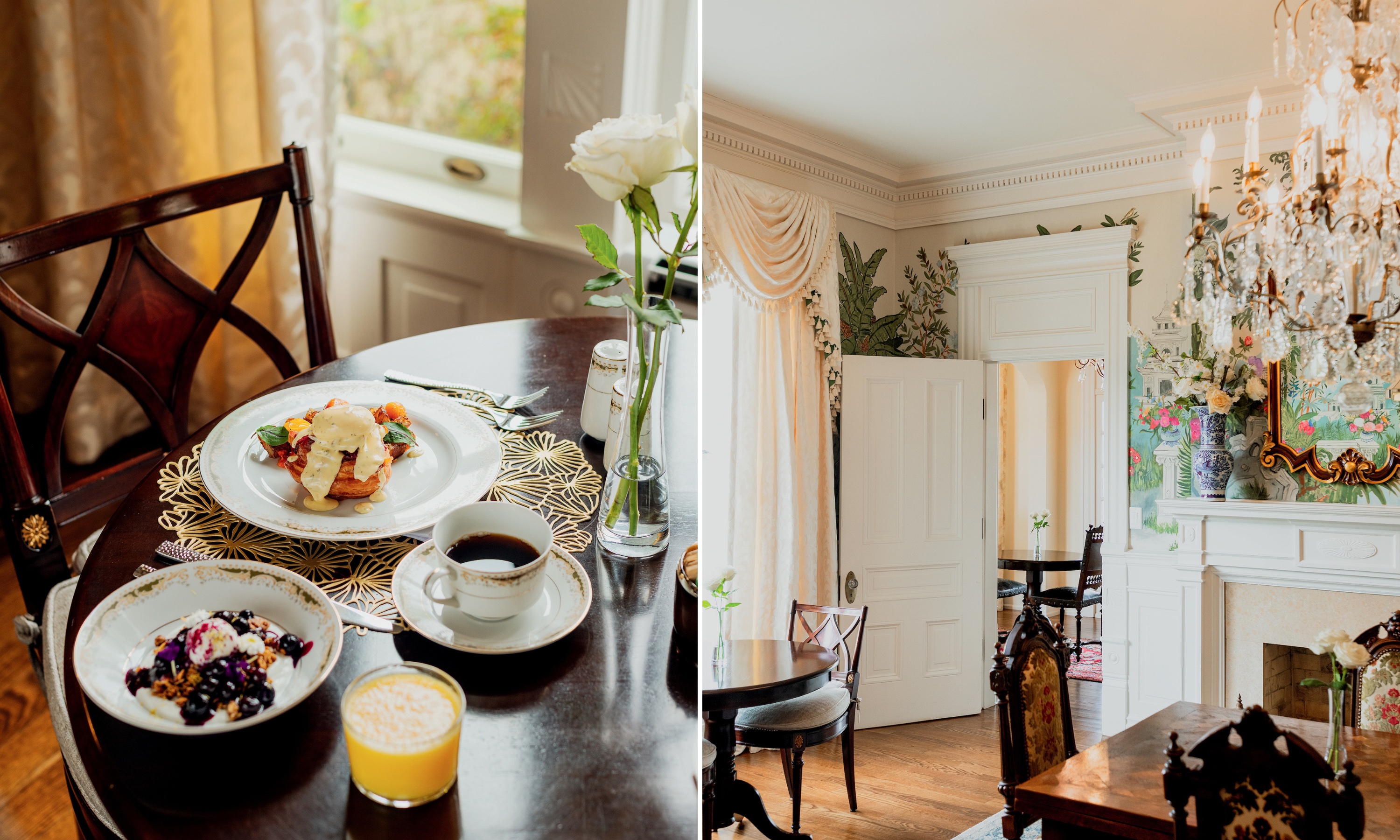 A breakfast table set with food and plates; a historic dining room with a chandelier