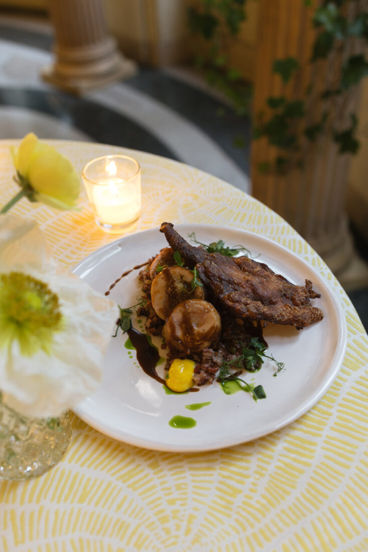 Chicken with cornbread stuffing, Carolina rice, and hot mustard sorghum sourced locally from Winston-Salem.