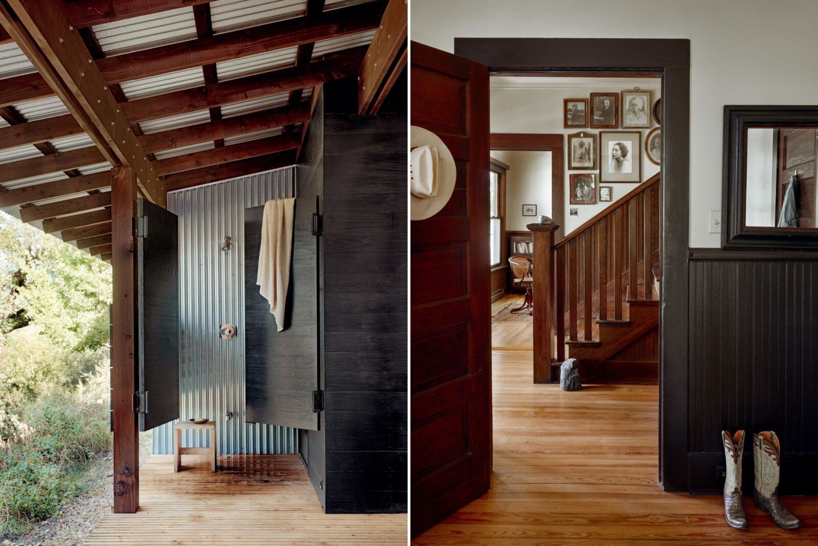An outdoor shower; a hallway with stairs and framed artwork.