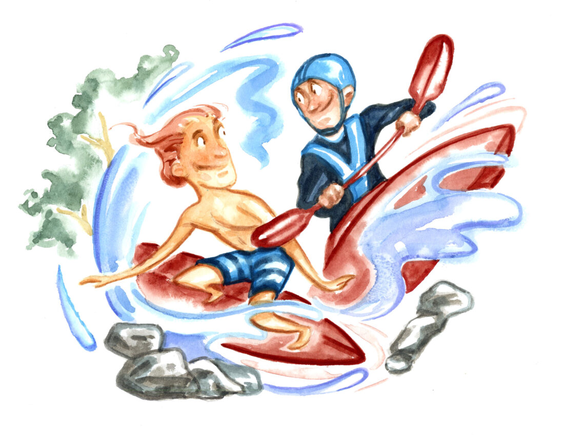 An illustration of a paddler and surfer on a river