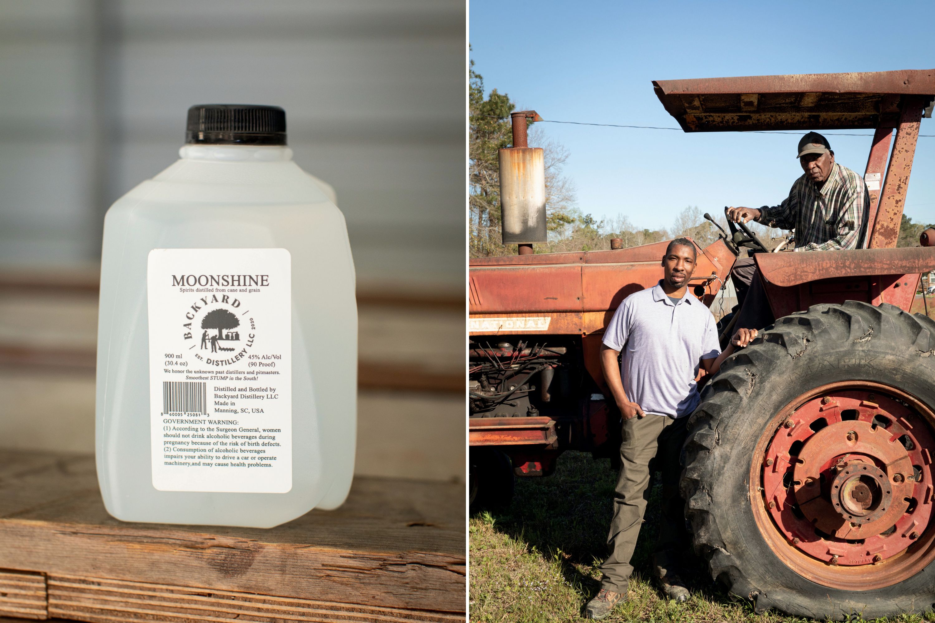 A gallon jug of moonshine; a man stands by a tractor while another sits in the seat