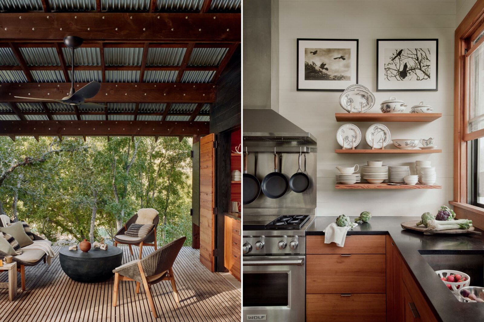 The sleeping cabin’s breezeway overlooks the Nueces River; heart pine shelves and basalt countertops in a kitchen.