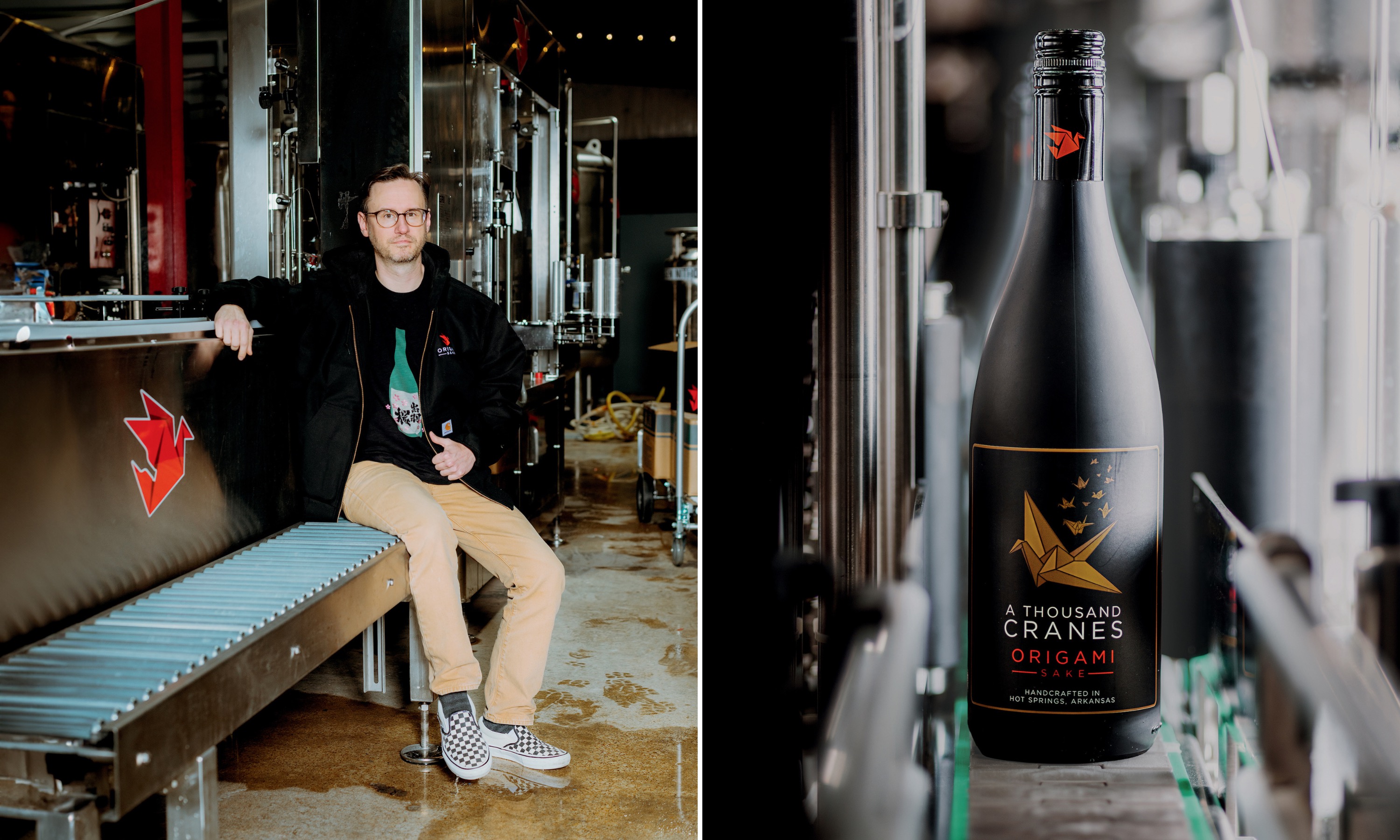 A man sits in a distilling room; a bottle of sake.