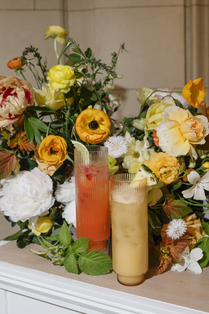 The Strawberry Rhubarb Gin Rickey featuring Sutler’s Spirit Co. gin and the West End Painkiller featuring Muddy River Distillery Rum, Winston-Salem-distilled spirits.