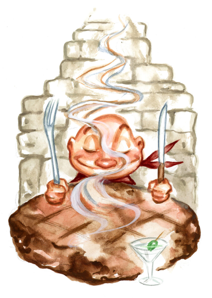 An illustration of a person with a fork and knife behind a steak
