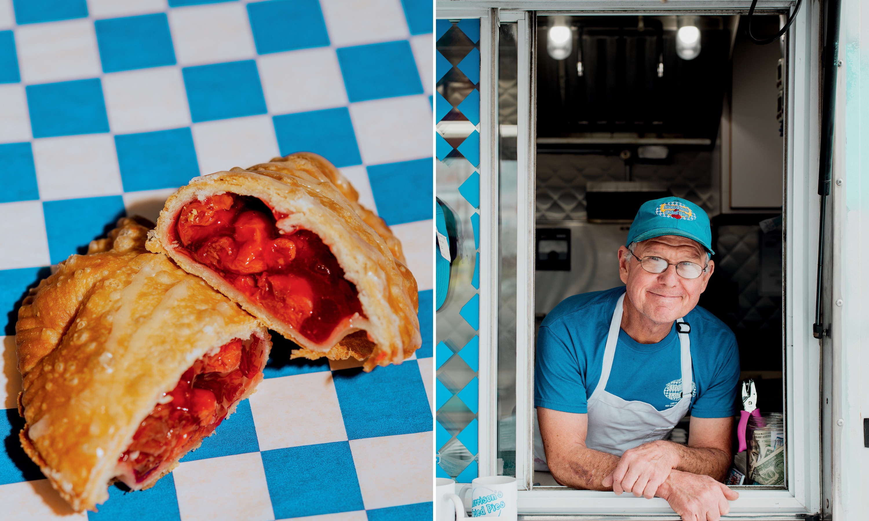 Fried cherry pies on checkered paper; a man leans out of a food truck window.