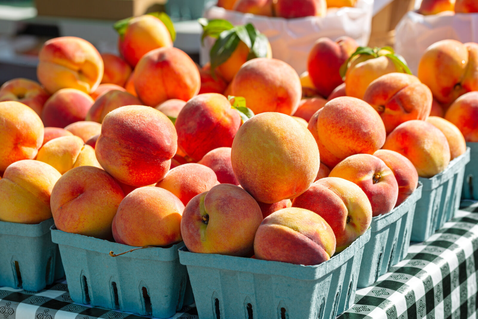 Ripe summer peaces at a local farmer's market