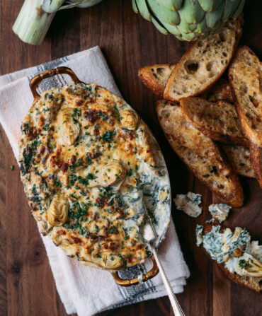 Baked spinach artichoke dip in a tray