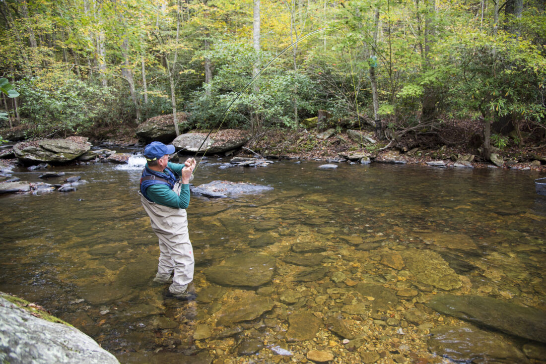 A man fly fishes in a stream