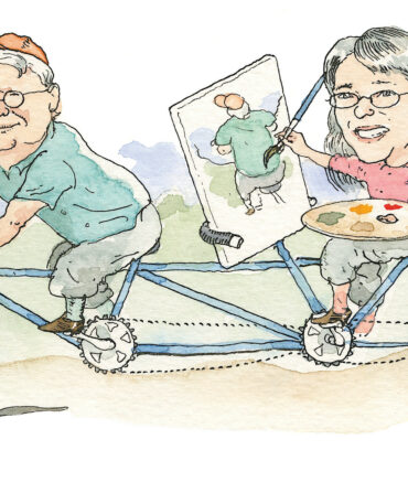 An illustration of a couple on a tandem bike; a man pedals in the front while a woman paints him from the back