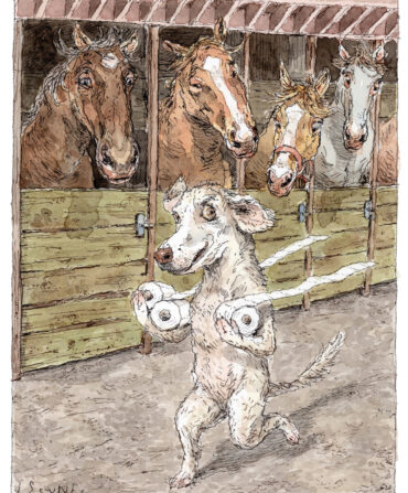 An illustration of a dog on two legs carrying rolls of toilet paper through a horse barn