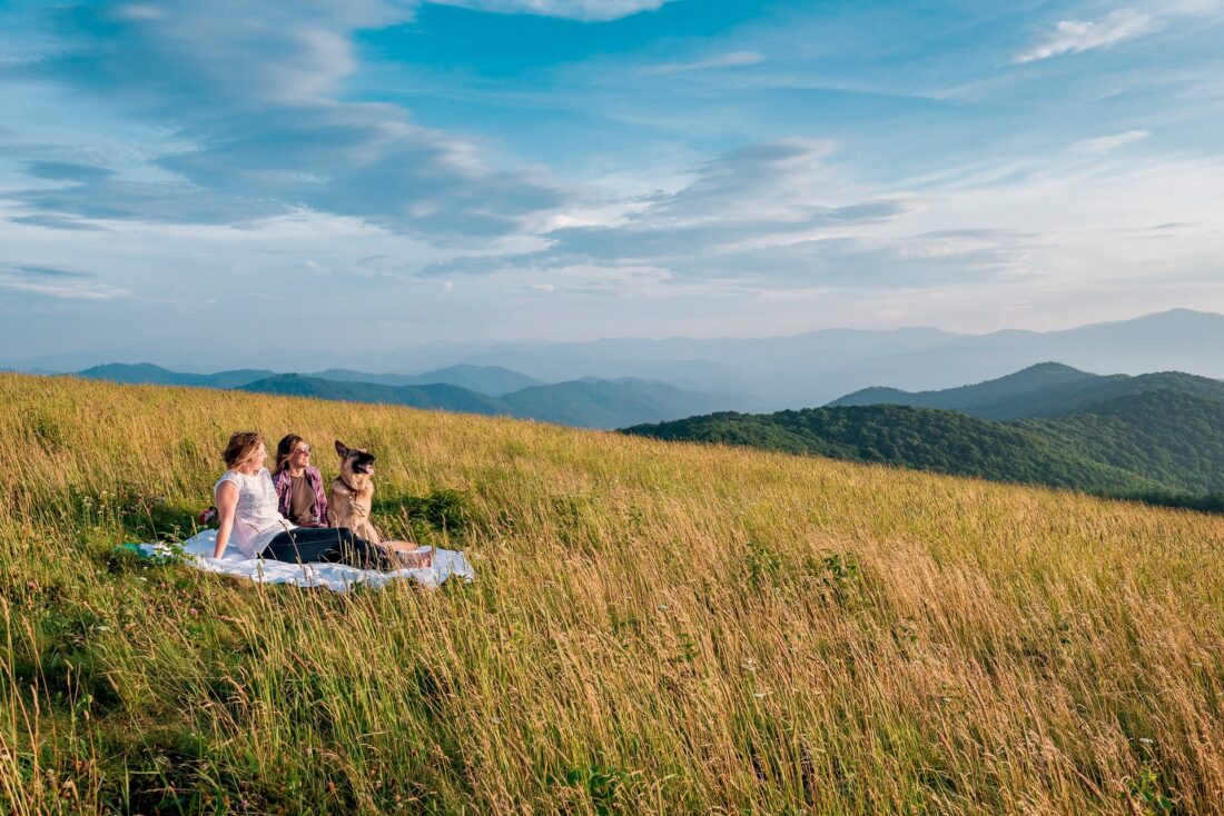 three friends sitting on a picnic blanket in a field on top of a mountain overlooking the mountain scape