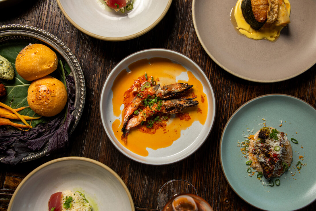 A table with plates of food