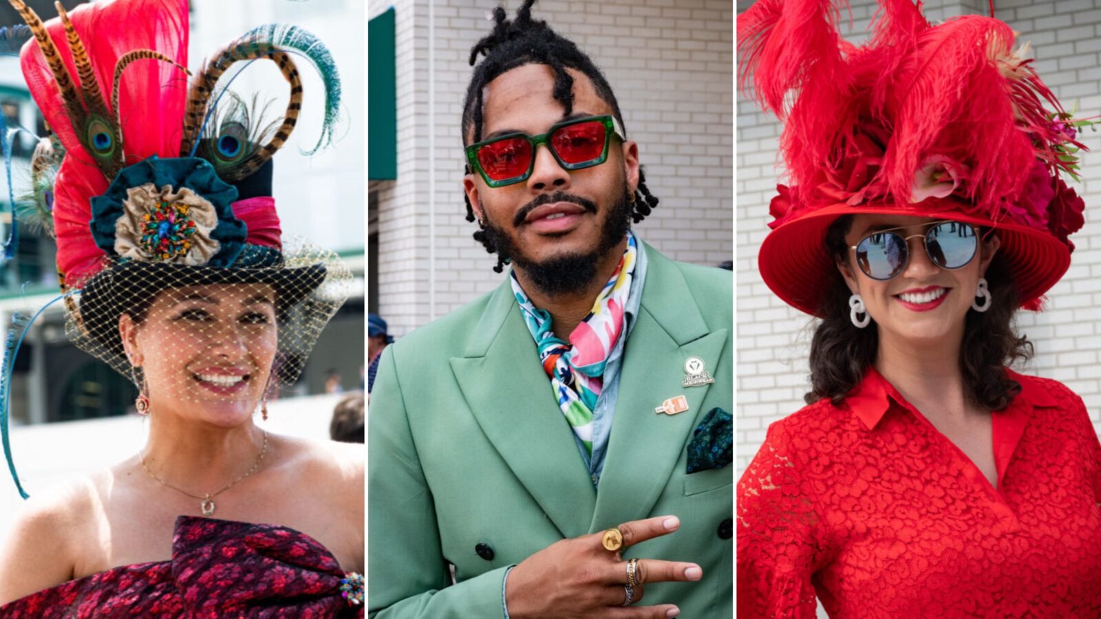 A collage of people at the Kentucky Derby with hats and suits