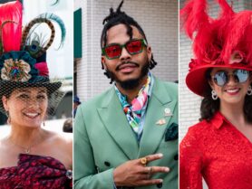A collage of people at the Kentucky Derby with hats and suits