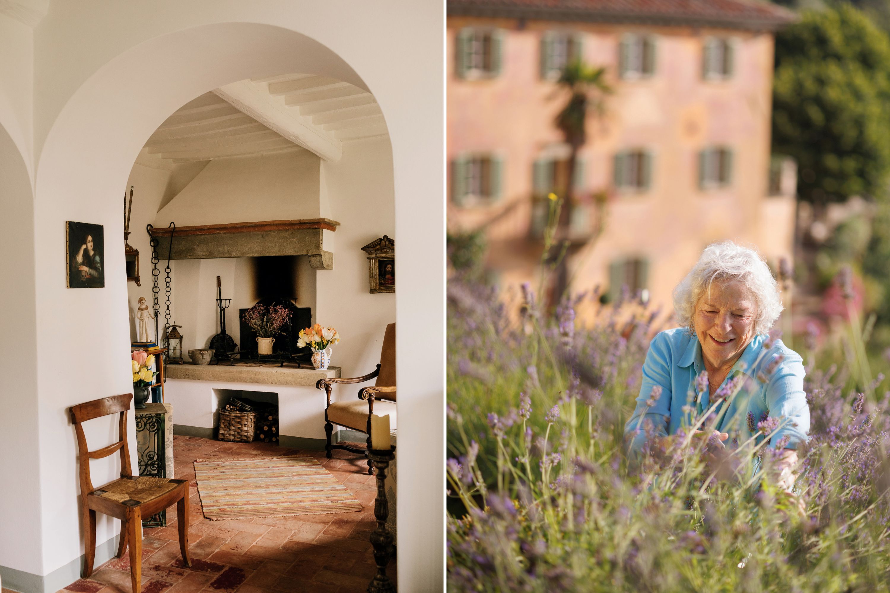 Inside an Italian home with a brick floor and fireplace; a woman harvests lavender in a field.
