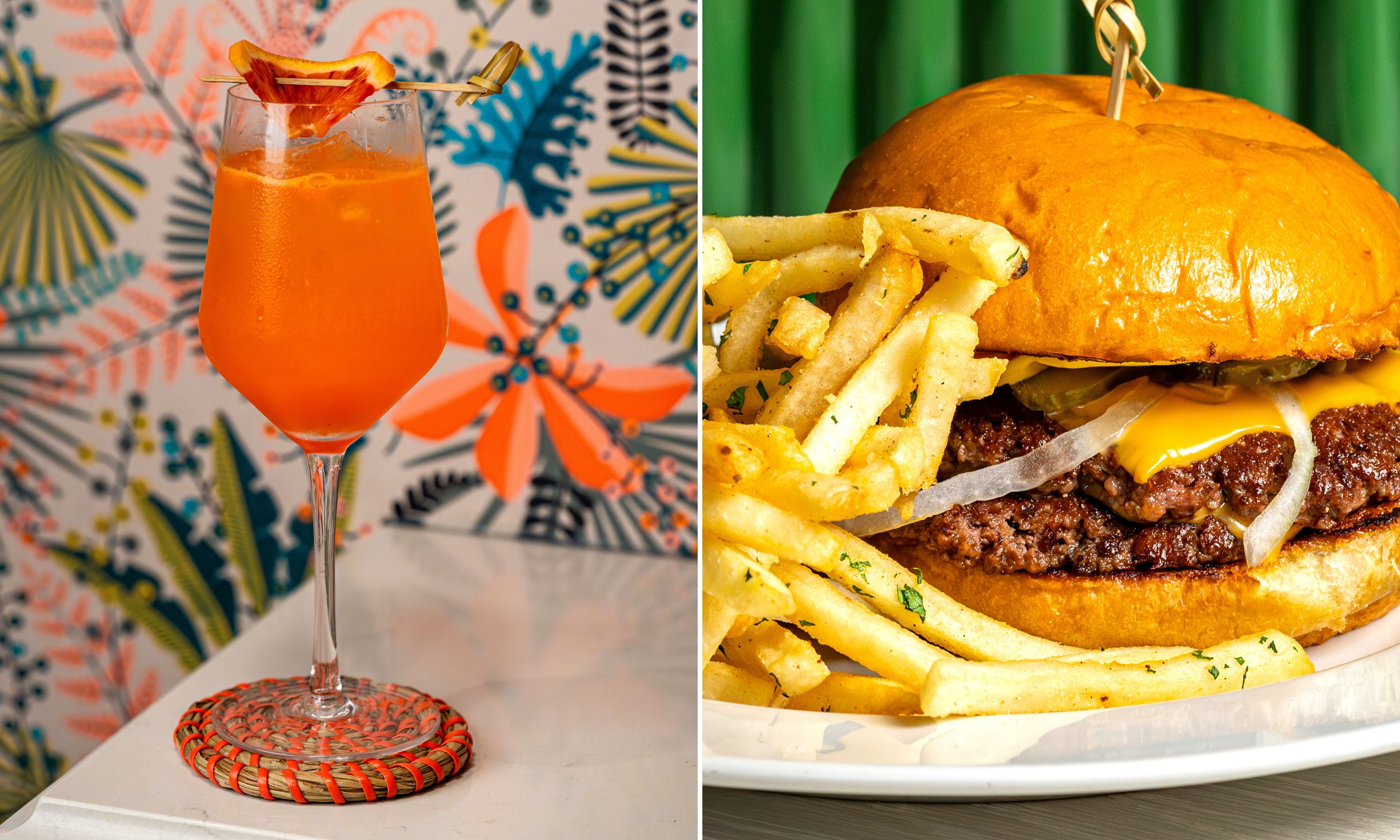 An orange cocktail in a wine glass; a burger