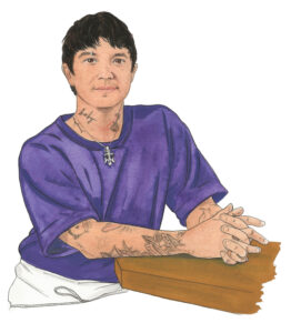 An illustration of a man with a purple shirt and tattoos on his arms