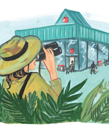 An illustration of a woman wearing an explorer's suit and holding binoculars, looking at a grocery store