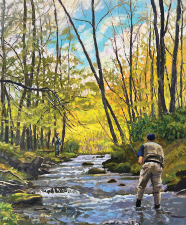 An oil painting of a man fishing in a stream