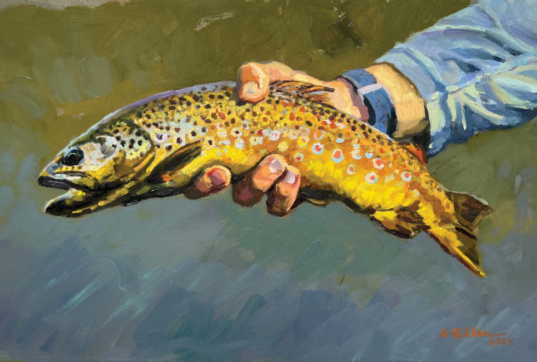 An oil painting of a hand holding a rianbow trout