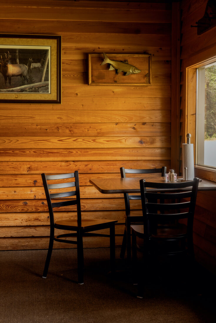 A wood-paneled dining room