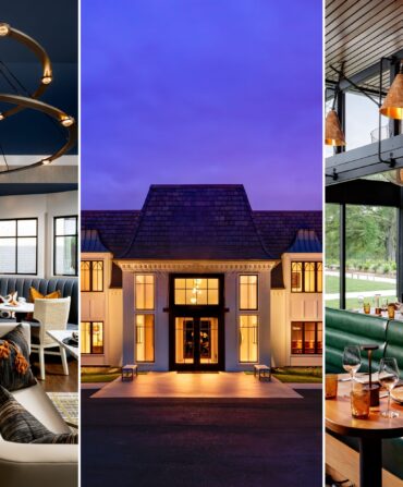 A collage of three images: breakfast room with curved booths; a lit hotel at night; a green booth in a restaurant