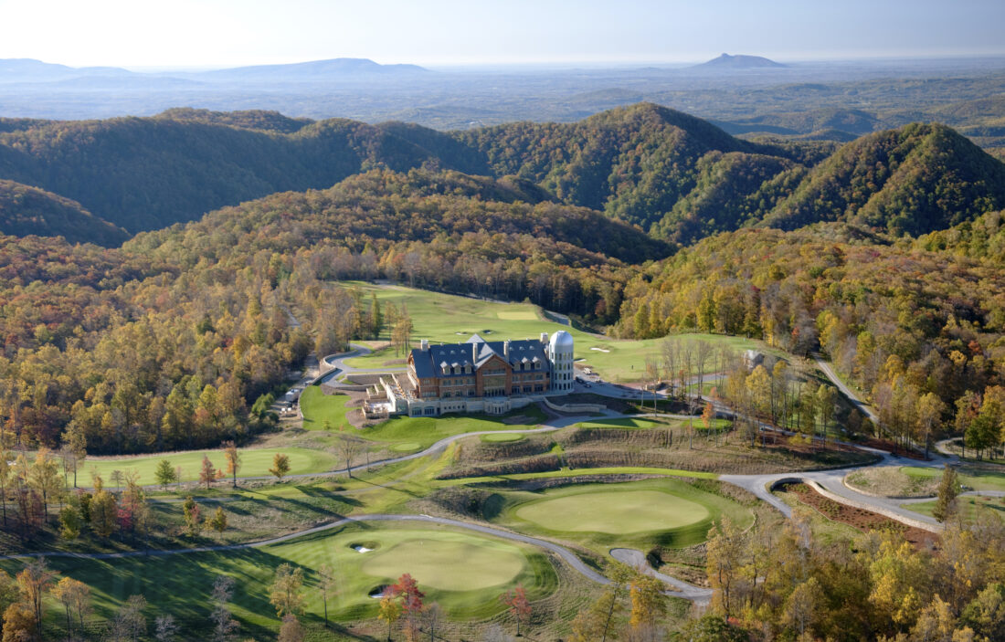 A resort tucked into a mountain landscape