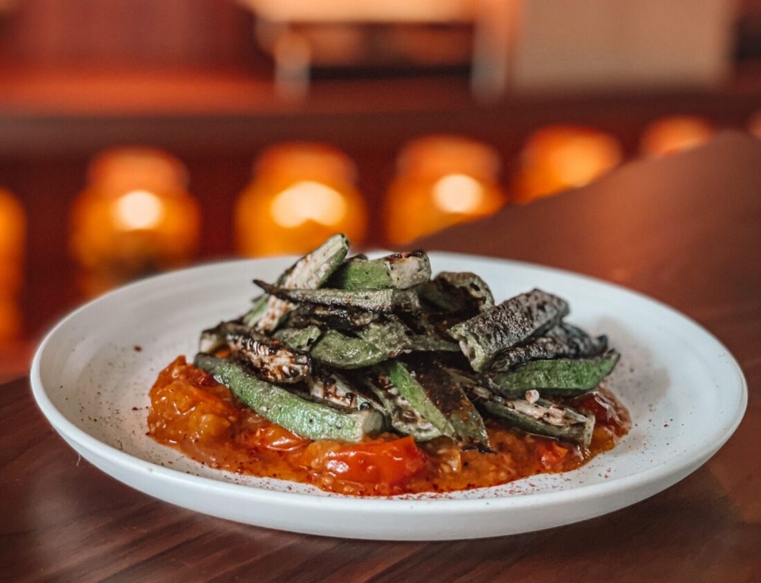 okra over a bed of tomatoes