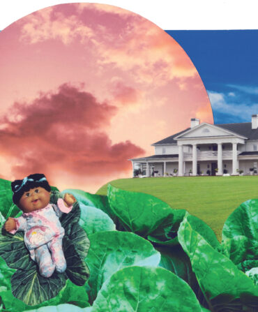 An illustration of a Cabbage Patch doll on a cabbage leaf in front of a hospital