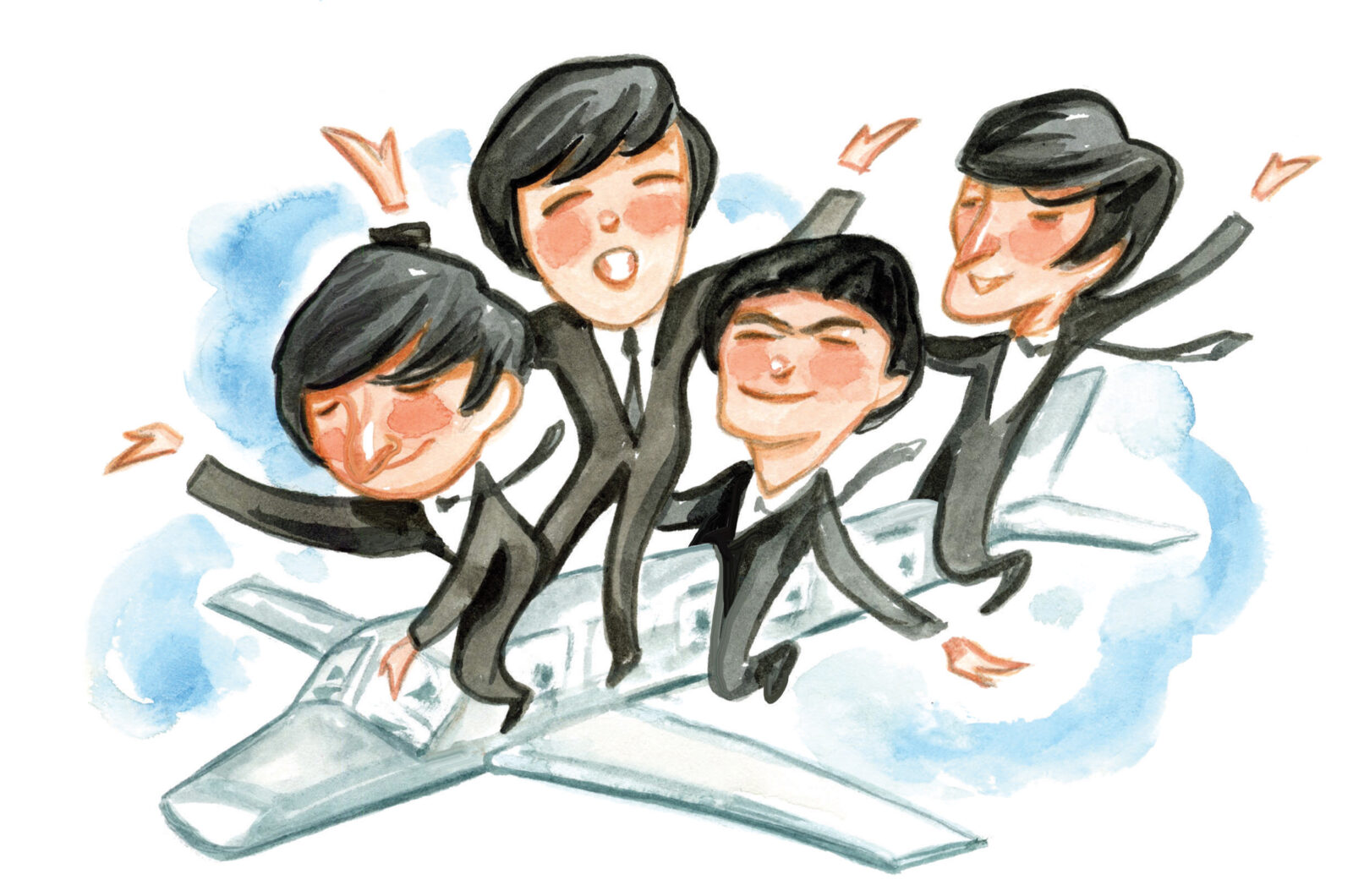 An illustration of the Beatles on a plane