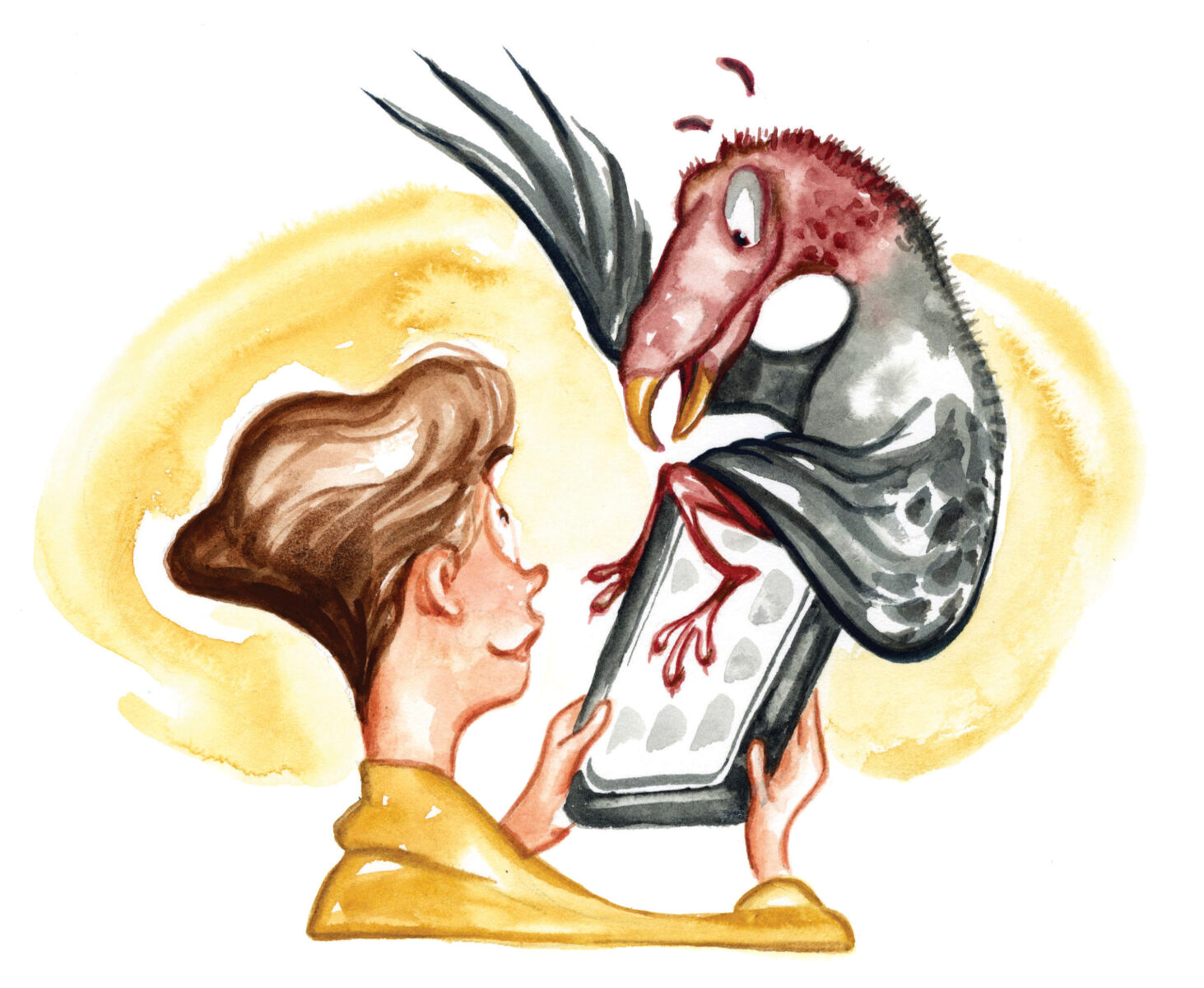An illustration of a person holding a tablet with a vulture perched on it
