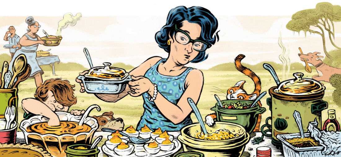 An illustration of a woman at a potluck holding a casserole dish